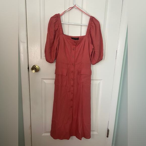 BCBGMAXAZRIA Linen Blend Short Sleeve A-Line Midi Day Dress 8 - Picture 4 of 8